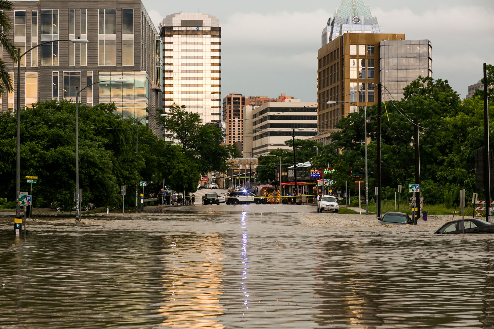 AUSTIN, TX - MAY 25:   Parts of the city are shown inundated after days of heavy rain on May 25, 2015 in Austin, Texas. Texas Gov. Greg Abbott toured the damage zone where one person is confirmed dead and at least 12 others missing in flooding along the Rio Blanco, which reports say rose as much as 40 feet in places, caused by more than 10 inches of rain over a four-day period. The governor earlier declared a state of emergency in 24 Texas counties.  (Photo by Drew Anthony Smith/Getty Images)