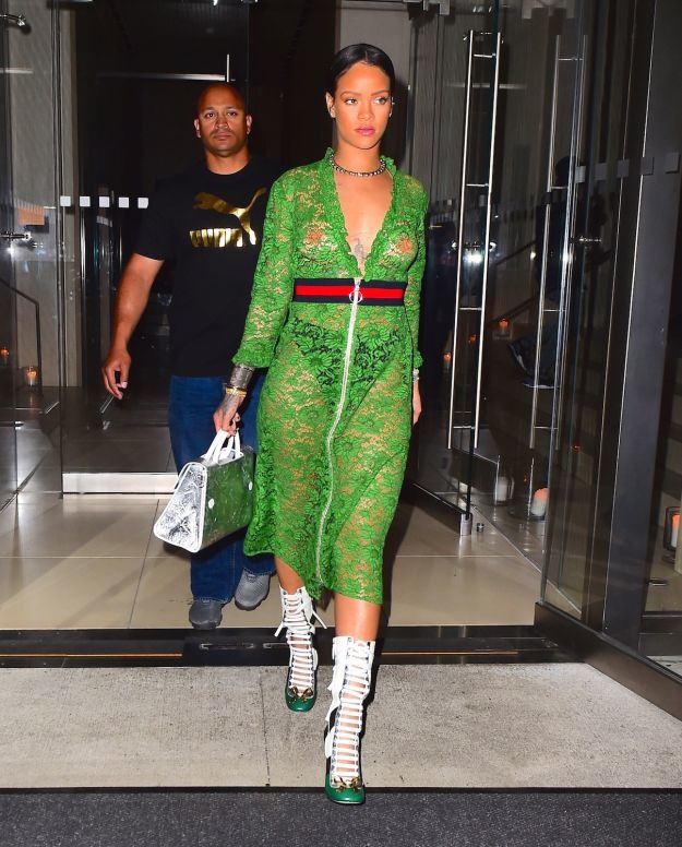 Rihanna was spotted out in NYC on Wednesday evening, as she headed to dinner with family at the Edition Hotel. The singer put on a stunning display in Gucci SS16, wearing a green, lace dress. Pictured: Rihanna Ref: SPL1291404 260516 Picture by: 247PAPS.TV / Splash News Splash News and Pictures Los Angeles:310-821-2666 New York: 212-619-2666 London: 870-934-2666 photodesk@splashnews.com 