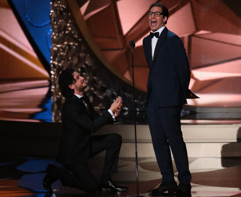 Harrington and Samberg act as they present an award at the 68th Primetime Emmy Awards in Los Angeles Harrington and Samberg act as they present an award at the 68th Primetime Emmy Awards in Los Angeles