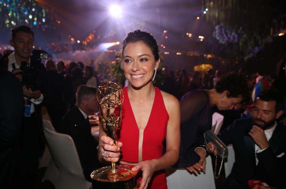 Actress Tatiana Maslany holds her award for Outstanding Lead Actress In A Drama Series as she mingles at the Governors Ball after the 68th Primetime Emmy Awards in Los Angeles Actress Tatiana Maslany holds her award for Outstanding Lead Actress In A Drama Series as she mingles at the Governors Ball after the 68th Primetime Emmy Awards in Los Angeles